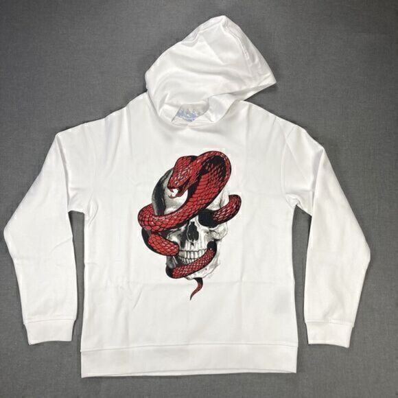 Heads Or Tails Hoodie Mens Sz Large White Skull Snake Rhinestones Pull Over Rare - Picture 2 of 16